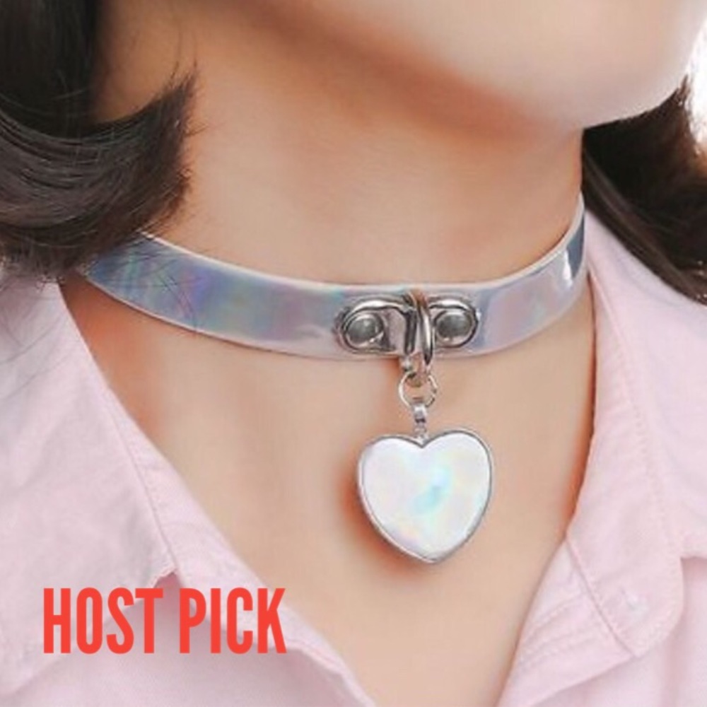 Holographic kawaii  white heart choker Host pick